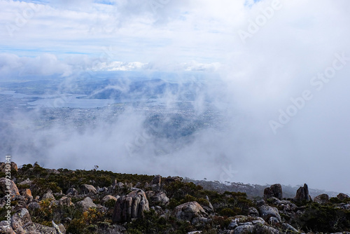 Rocks formation and Pinnacle Observation Shelter and Boardwalk, Mount Wellington, Tasmania, Hobart, Australia 