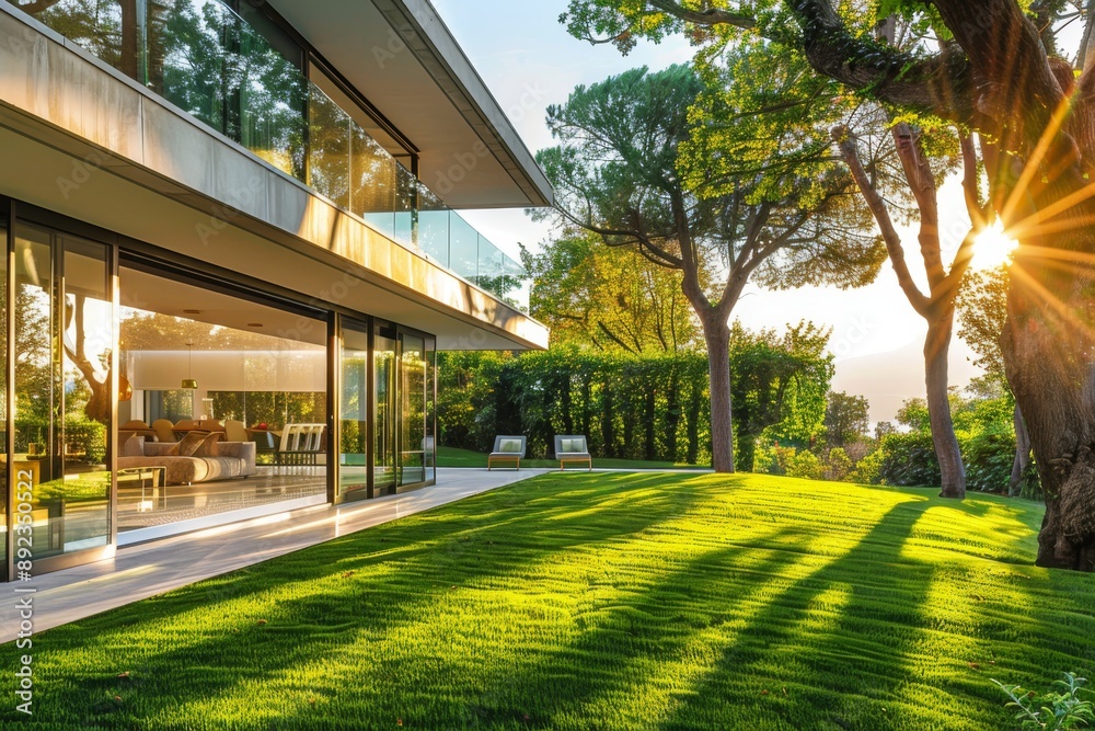 Modern villa with large glass windows and a spacious terrace, a lush lawn in front of the house, sunlight filtering through the trees, and a close-up side angle view of the grass Modern villa with large glass windows and a spacious terrace, a lush lawn in front of the house, sunlight filtering through the trees, and a close-up side angle view of the grass
