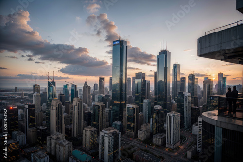 Urban Development with Modern High-rise Buildings bustling with activity under a vibrant sunset sky amidst a futuristic cityscape, illuminated by neon lights.