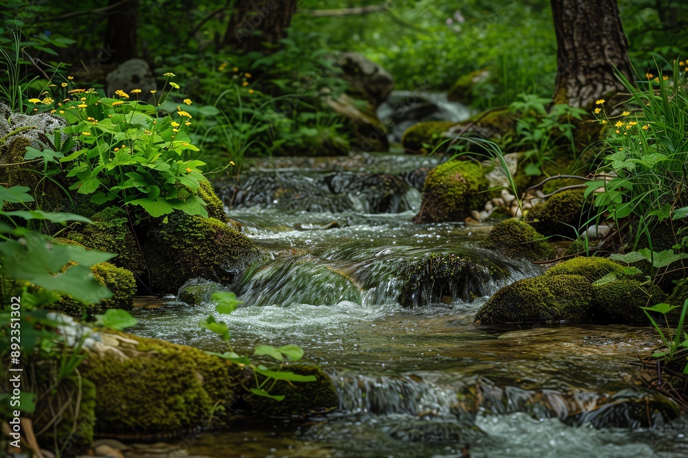 A tranquil forest stream flows over mossy rocks, surrounded by lush greenery. A tranquil forest stream flows over mossy rocks, surrounded by lush greenery.
