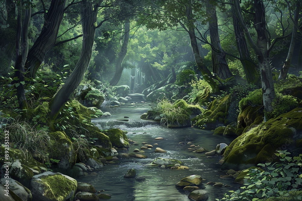 A tranquil forest stream winds through a lush, green canopy. Sunlight filters through the trees, casting dappled shadows on the mossy rocks and water. A tranquil forest stream winds through a lush, green canopy. Sunlight filters through the trees, casting dappled shadows on the mossy rocks and water.