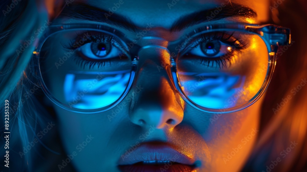Girl works on internet. Reflection at the glasses from laptop. Close up of woman's eyes with black female glasses for working at a computer. Eye protection from blue light and rays. Girl works on internet. Reflection at the glasses from laptop. Close up of woman's eyes with black female glasses for working at a computer. Eye protection from blue light and rays.