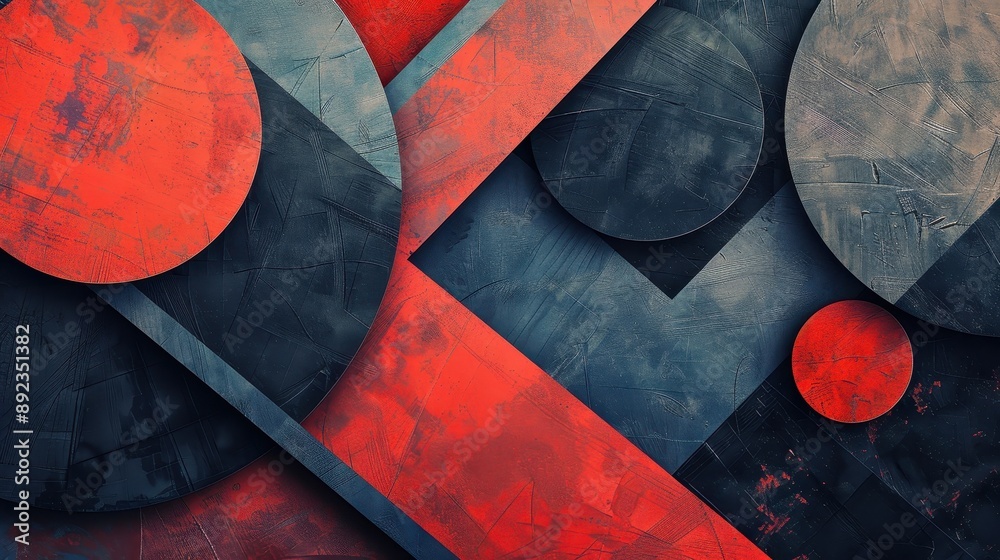 Fototapeta premium Vibrant abstract composition featuring geometric shapes in red, black, and blue tones, ideal for modern design projects.