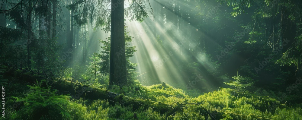 Obraz premium Sunbeams filter through the lush greenery of a serene forest, creating a magical atmosphere. Free copy space for text.