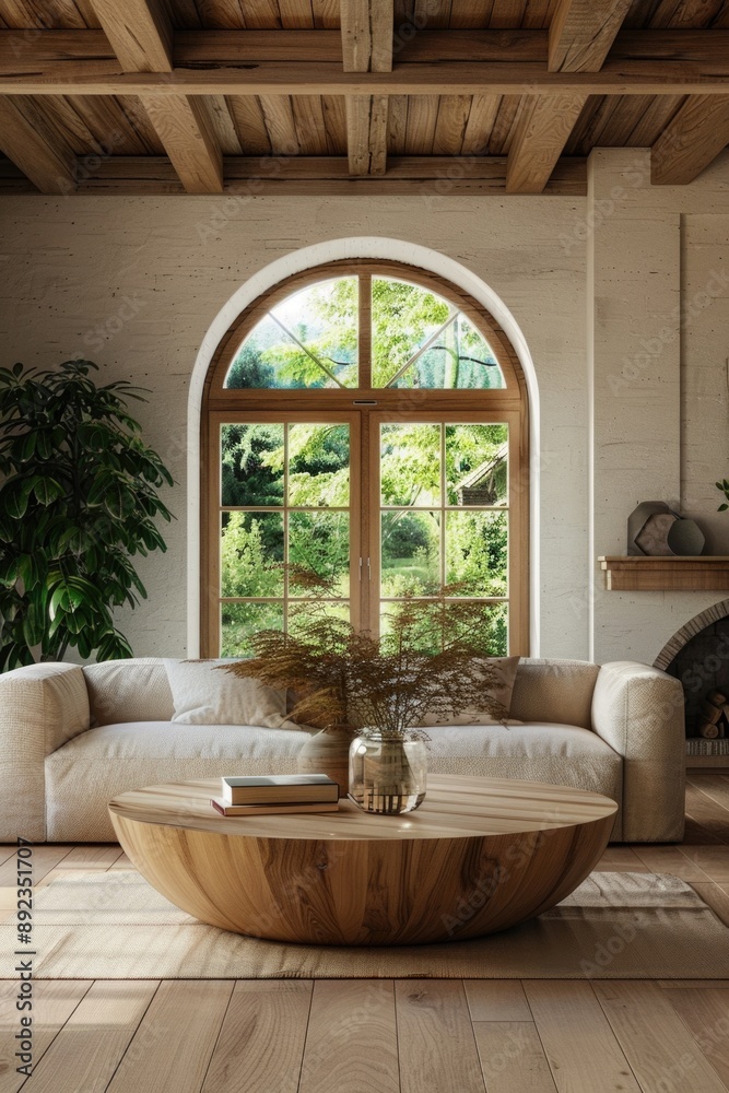 Fototapeta premium Cozy living room with comfortable furniture and a large window for natural light
