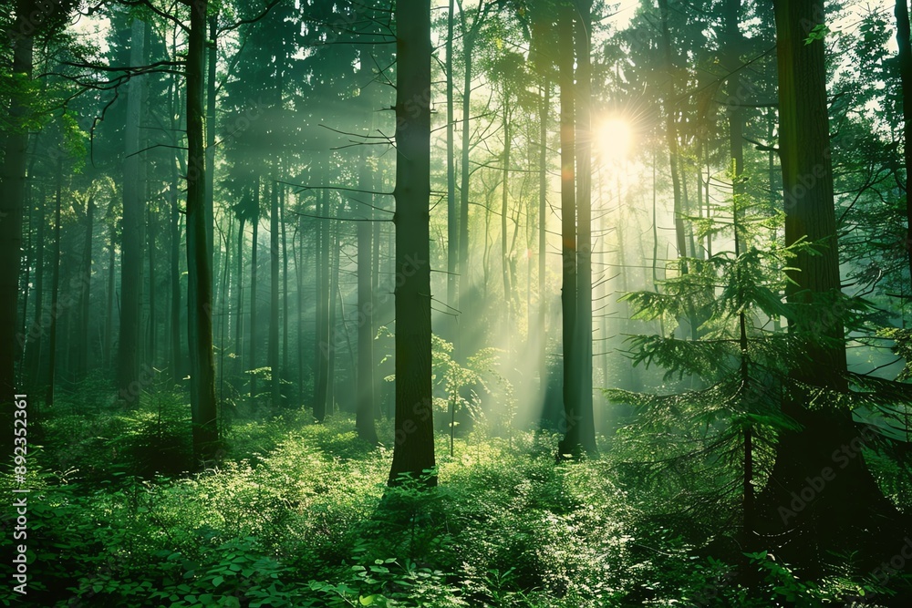 Naklejka premium Sunlight beams through the dense canopy of a lush, green forest. The rays illuminate the forest floor, creating a magical atmosphere.