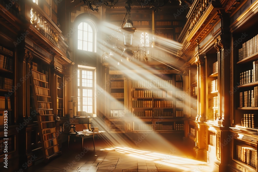 Sunlight streams through a large window in a grand library, illuminating rows of bookshelves.