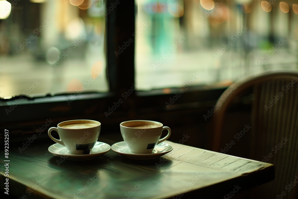 Two cups of coffee sit on a table by a window, overlooking a rainy city street. Two cups of coffee sit on a table by a window, overlooking a rainy city street.