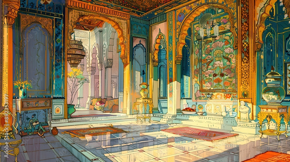 Obraz premium A drawing of a richly decorated interior full of colors and patterns. 