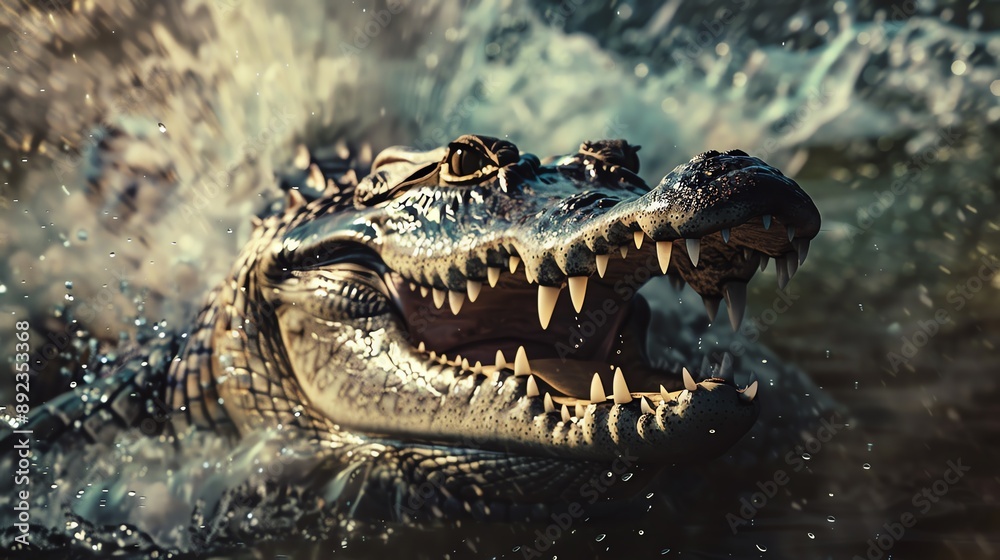 Obraz premium A close-up of a crocodile's head emerging from the water, its mouth open in a menacing grin. The water splashes around it.