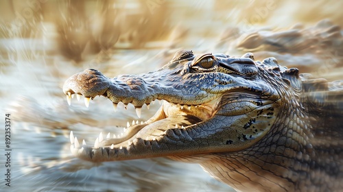 A close-up of a crocodile's head with its mouth open, revealing sharp teeth. The crocodile is partially submerged in water, with a blurred background of reeds.