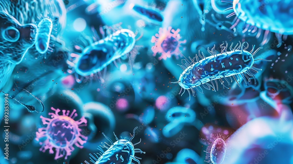 Obraz premium A microscopic illustration of bacteria and viruses, highlighting the unseen world of microorganisms.