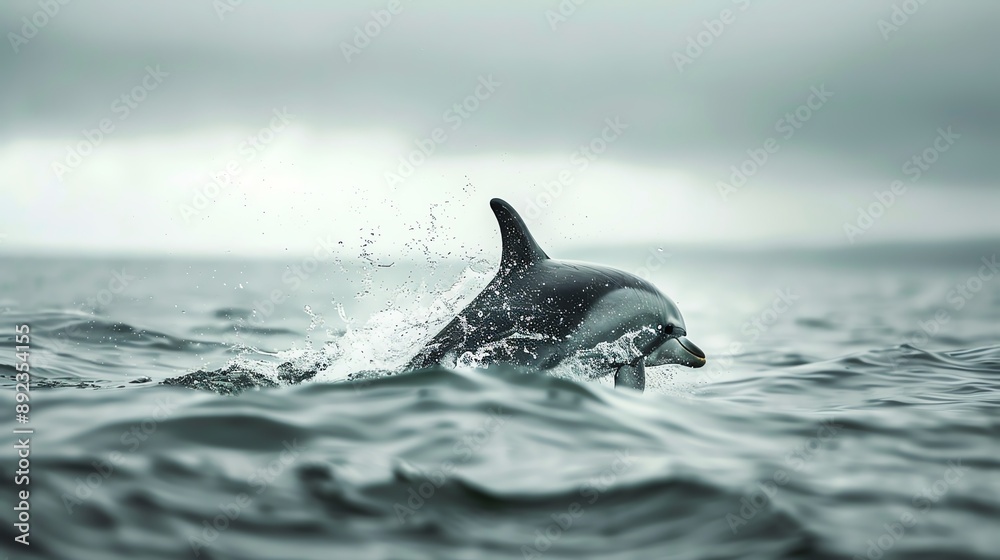 Fototapeta premium A single dolphin leaps out of the water, creating a splash. The dolphin is silhouetted against a cloudy sky.