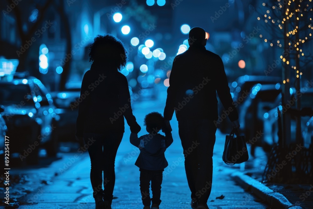 A couple walking together on a dark street, lit only by streetlights or moonlight A couple walking together on a dark street, lit only by streetlights or moonlight