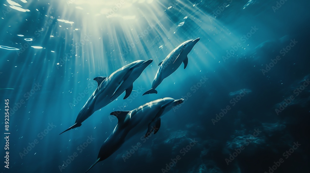 Obraz premium A trio of dolphins swim gracefully through a sunlit ocean, casting a magical glow on the water.