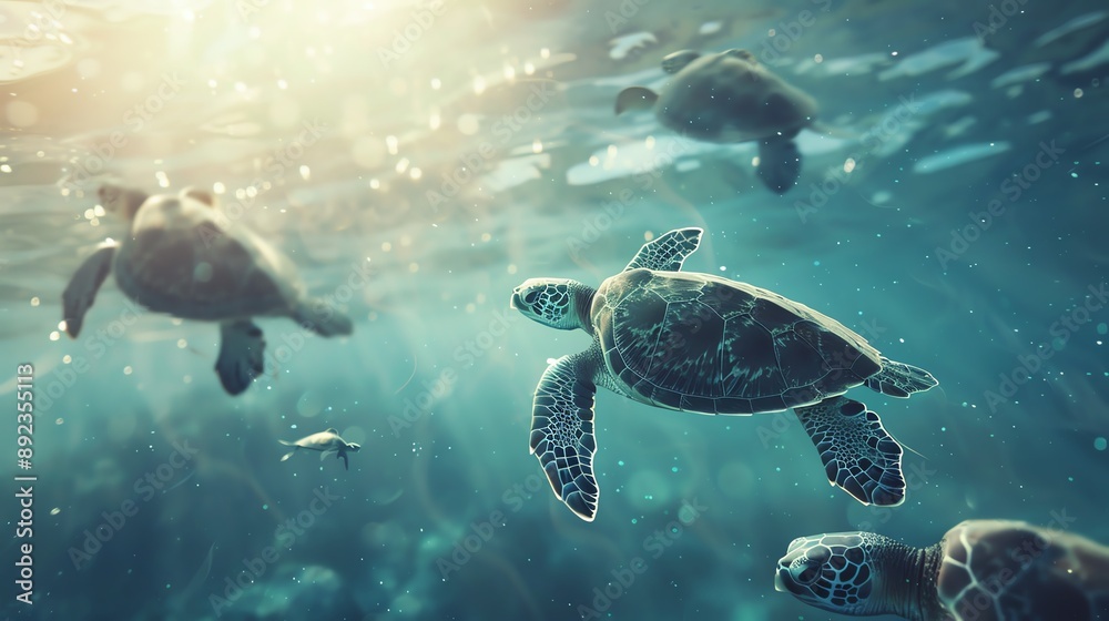 Sea turtles swim in a vibrant blue ocean, sunlight filtering through the surface. Sea turtles swim in a vibrant blue ocean, sunlight filtering through the surface.