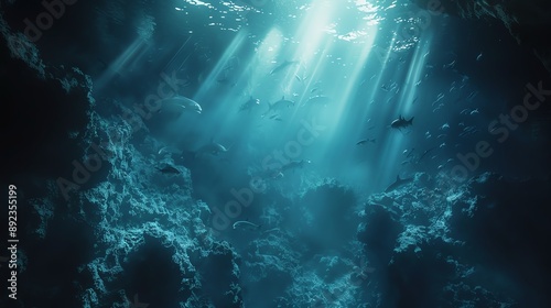 Sunlight beams into a dark underwater cave, illuminating a school of fish and rocky formations. © nuttapong