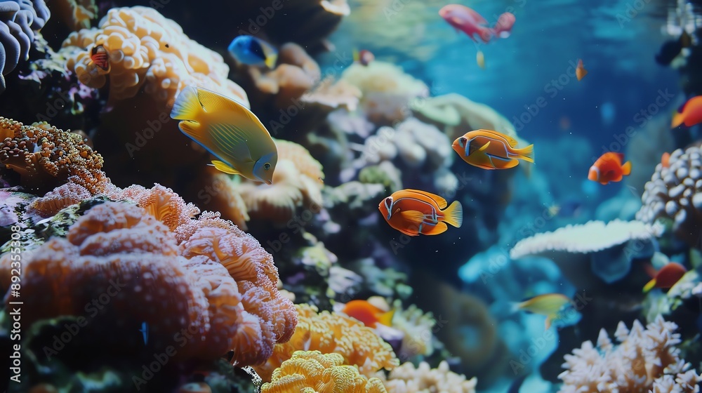 Naklejka premium Vibrant coral reef teeming with colorful fish, a picturesque underwater scene.