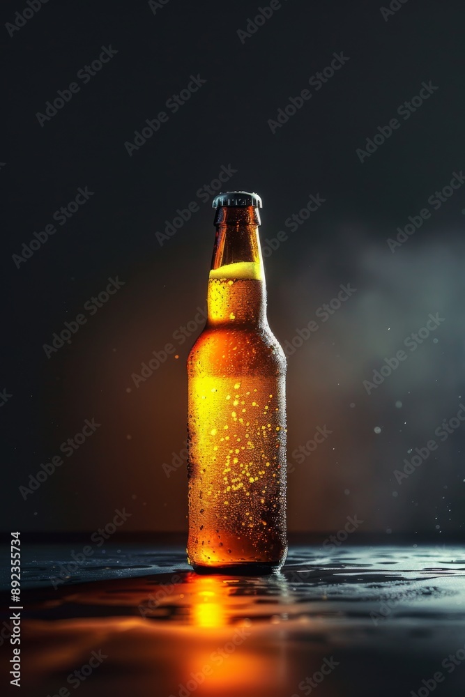 on the table, in the middle there is a bottle of beer on a black background on the table, in the middle there is a bottle of beer on a black background