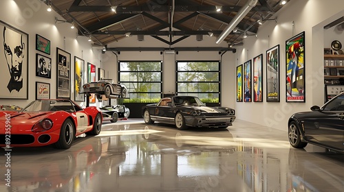 Art gallery-inspired garage showcasing a collection of paintings and sculptures photo