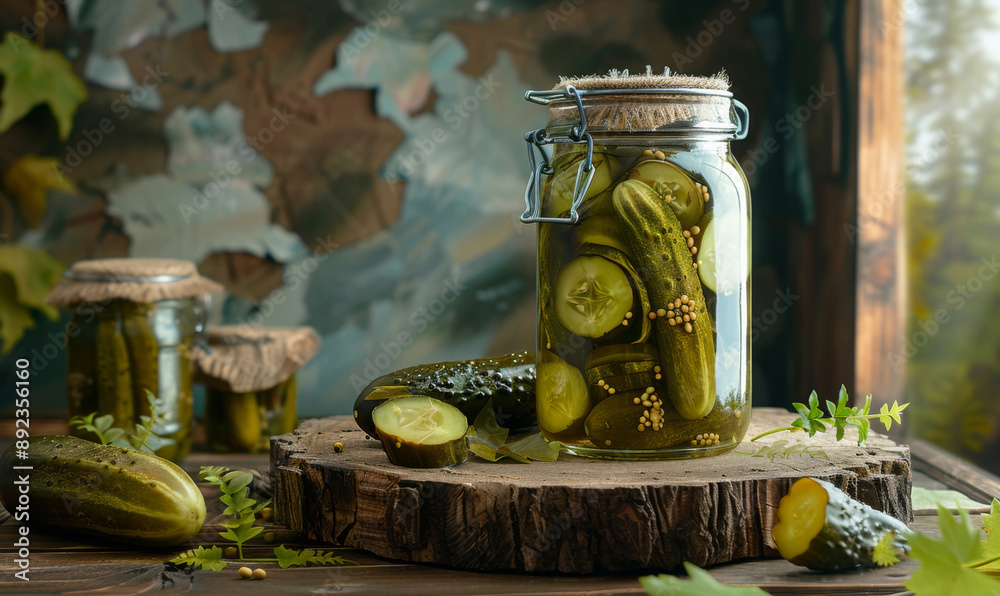 Fototapeta premium pickles in jar on wooden top