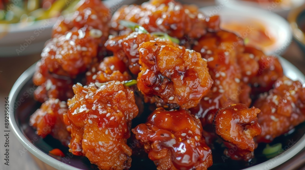 3D render of a bowl of glazed fried chicken pieces with garnish 3D render of a bowl of glazed fried chicken pieces with garnish