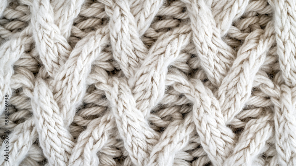 Close-up of white knit fabric with pattern. Knitted fabric with needles. The concept of warmth and comfort as the knitted fabric is soft and cozy. Close-up of white knit fabric with pattern. Knitted fabric with needles. The concept of warmth and comfort as the knitted fabric is soft and cozy.