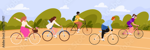 People ride bikes at bicycle race in nature. Happy male and female riders drive on road through green landscape, competition of characters in sports and casual clothes cartoon vector illustration
