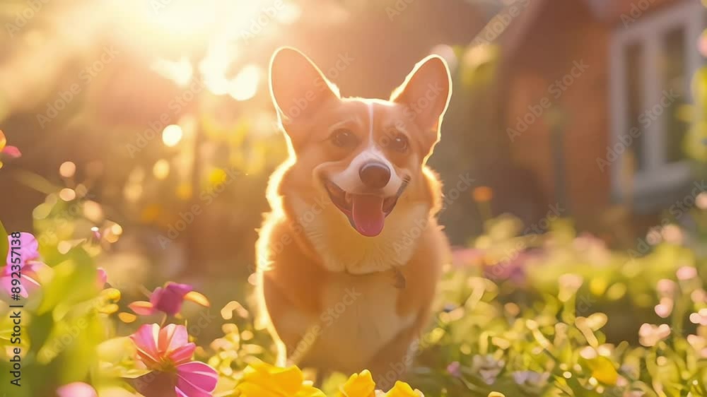 A cute and happy corgi dog is sitting in a field of flowers. The dog has a big smile on its face and is looking up at the camera. A cute and happy corgi dog is sitting in a field of flowers. The dog has a big smile on its face and is looking up at the camera.