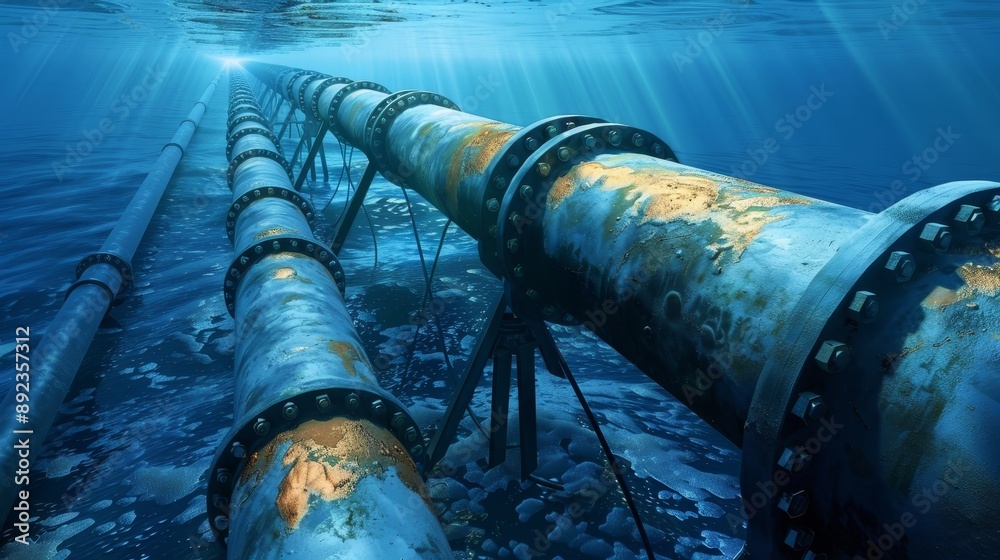 Underwater view of large rusty pipelines on the ocean floor Underwater view of large rusty pipelines on the ocean floor