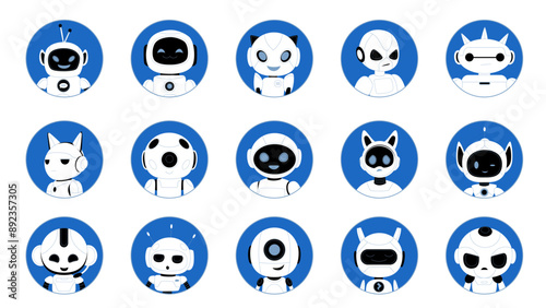 Cute robots avatars set. Different chat bot heads in circle on blue background, smiling androids characters with antennas and friendly faces, smart assistants collection cartoon vector illustration