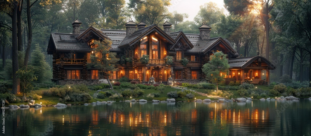 Rustic Log Cabin by the Lake at Dusk Rustic Log Cabin by the Lake at Dusk