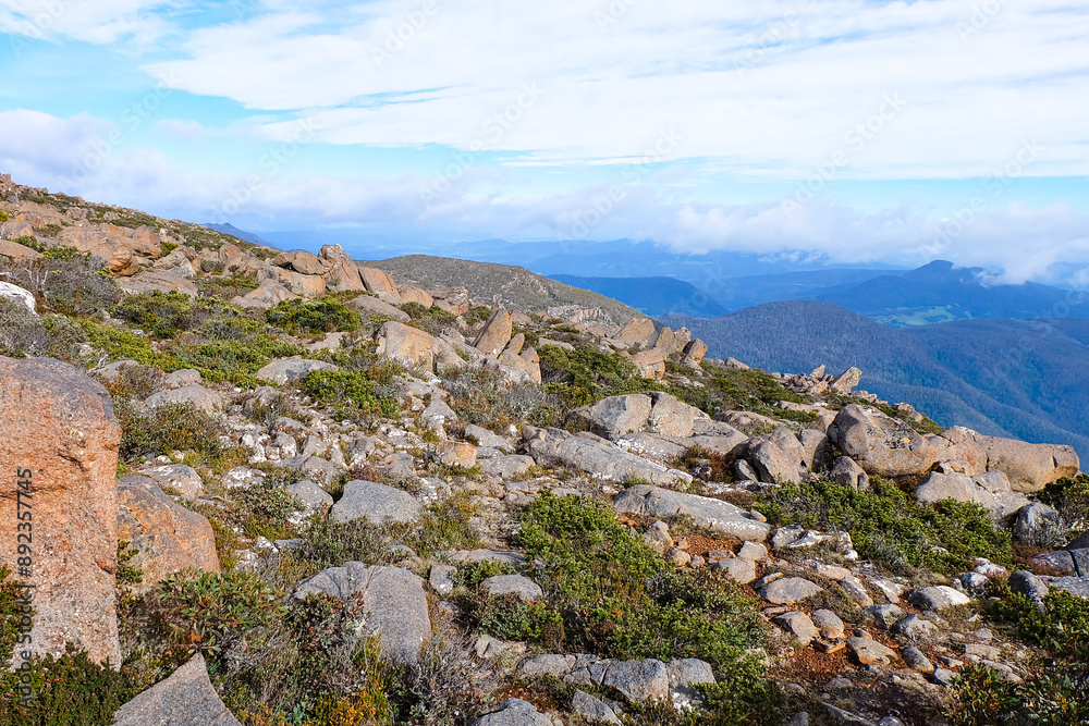 Rocks formation and Pinnacle Observation Shelter and Boardwalk, Mount Wellington, Tasmania, Hobart, Australia Rocks formation and Pinnacle Observation Shelter and Boardwalk, Mount Wellington, Tasmania, Hobart, Australia