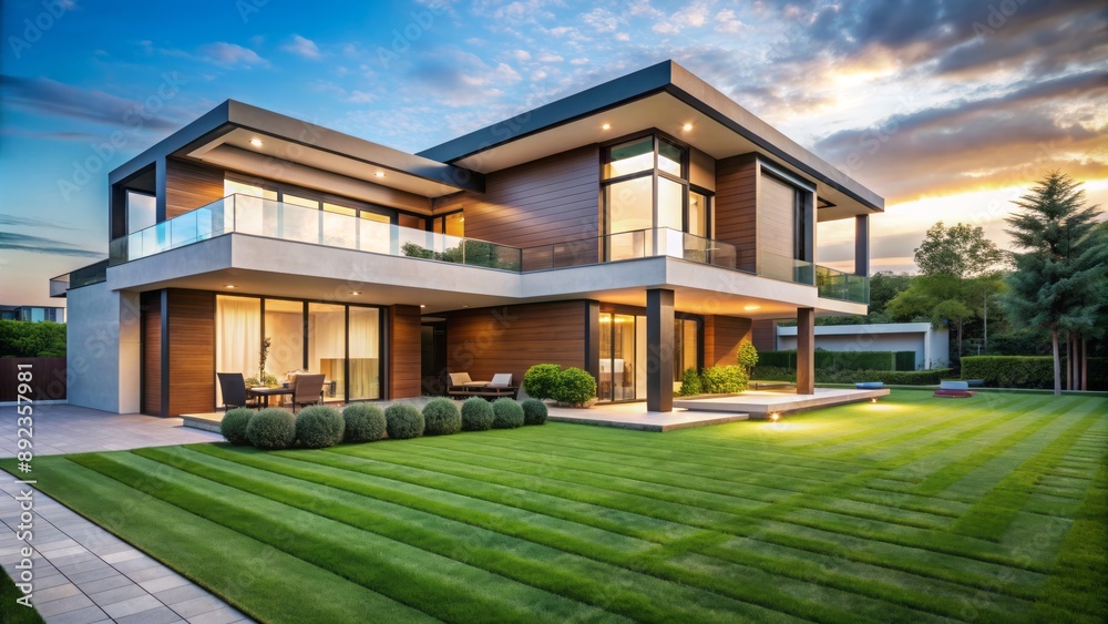 Luxurious modern villa with sprawling lawn and sleek facade ...