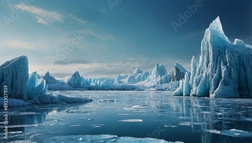 Frozen ice planet with shimmering glaciers and towering ice formations photo