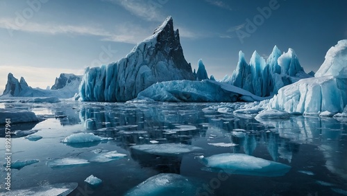 Frozen ice planet with shimmering glaciers and towering ice formations