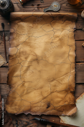 An aged parchment paper with torn edges and deep creases, a rich golden-brown hue with darkened corners and faded ink stains