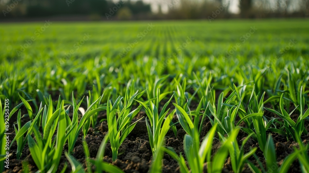 3D render of a lush green field with young plants growing in neat rows under natural sunlight