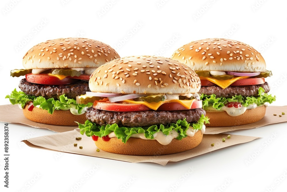 Three burgers served on a plate with fresh lettuce, tomato, and cheese Three burgers served on a plate with fresh lettuce, tomato, and cheese