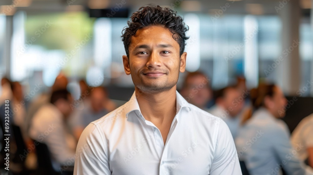 Fototapeta premium A young man smiles confidently in a bustling office setting