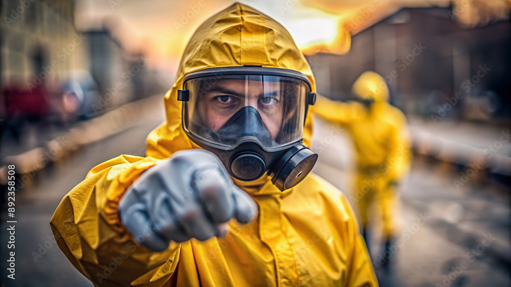 A determined emergency responder's gloved hand extends from a protective suit, pointing forward with intensity, amidst a blurred background of crisis and urgency. A determined emergency responder's gloved hand extends from a protective suit, pointing forward with intensity, amidst a blurred background of crisis and urgency.