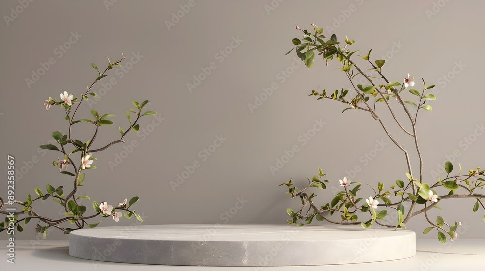 Gray circular cylinder podium platform mockup for product representation, leaf and flowers soft grey background Gray circular cylinder podium platform mockup for product representation, leaf and flowers soft grey background