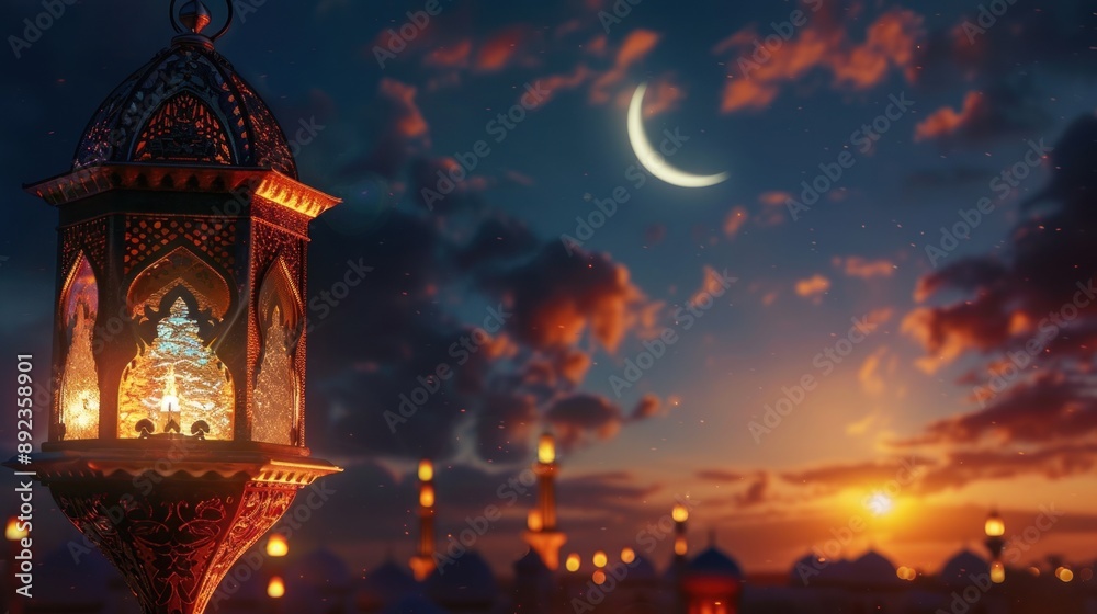 Obraz premium An ornamental Arabic lantern glowing with a burning candle glowing at night of an Islamic desert landscape, with stars and a crescent moon in the sky. Muslim holy month of Ramadan Kareem.