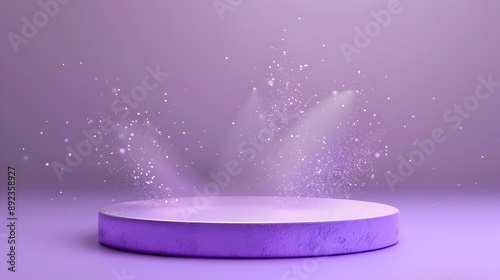 Soft Purple circular cylinder podium platform mockup for product representation, stage Spotlight from top bright purple background with sparkles