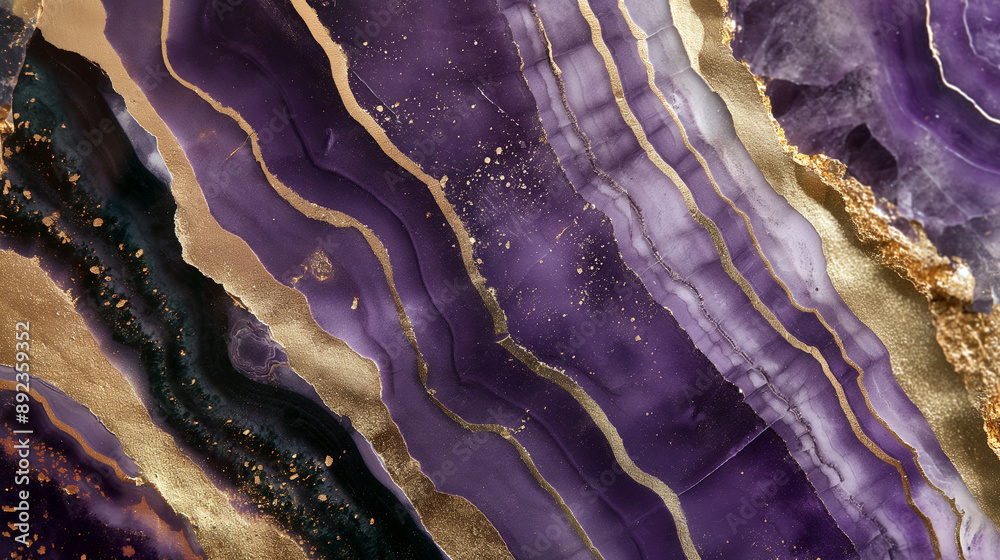 A purple and gold stone with a gold border. Violet marble background with gold veining. A purple and gold stone with a gold border. Violet marble background with gold veining.