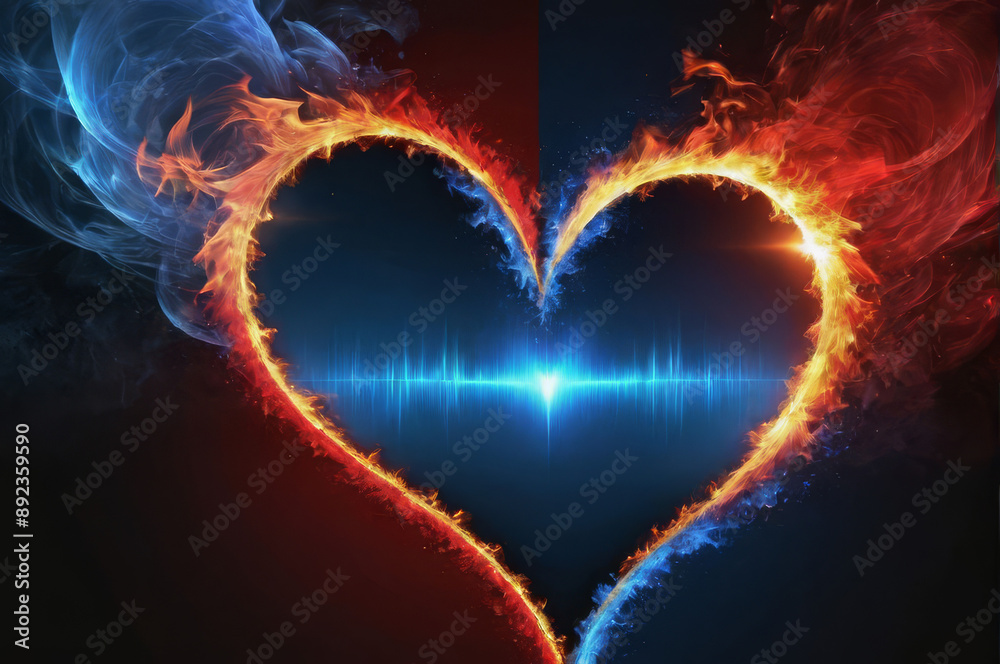 Burning heart. Ice and flame. Fantasy landscape. Burning heart. Ice and flame. Fantasy landscape.