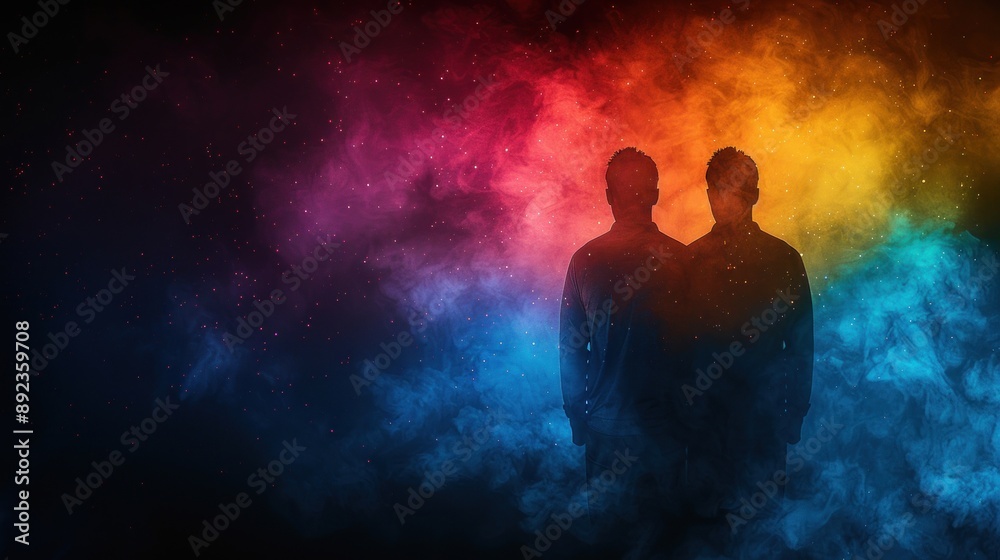 Two figures stand in silhouette against a vibrant, multi-colored background