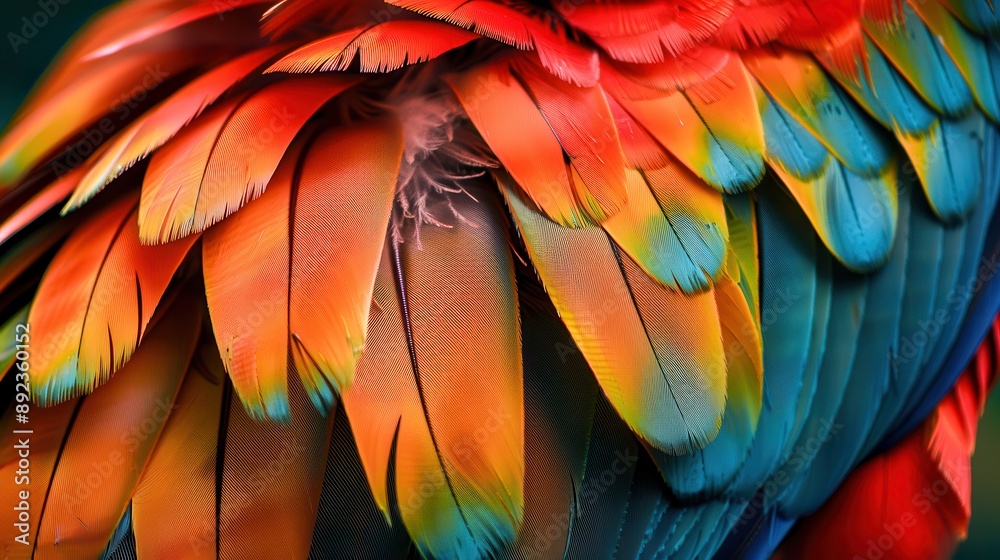 Fototapeta premium A macro close-up of the bird's colorful feathers, with visible details of structure and color, creating an elegant image of natural beauty. 