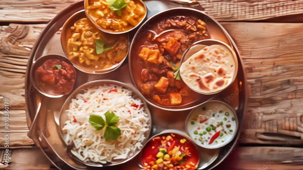 A traditional Indian thali with multiple dishes A traditional Indian thali with multiple dishes
