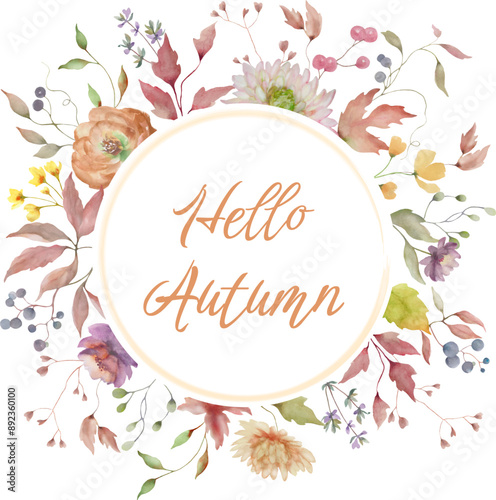 Watercolor Hello autumn card. Hand rawn floral illustration isolated on white background. Vector EPS.